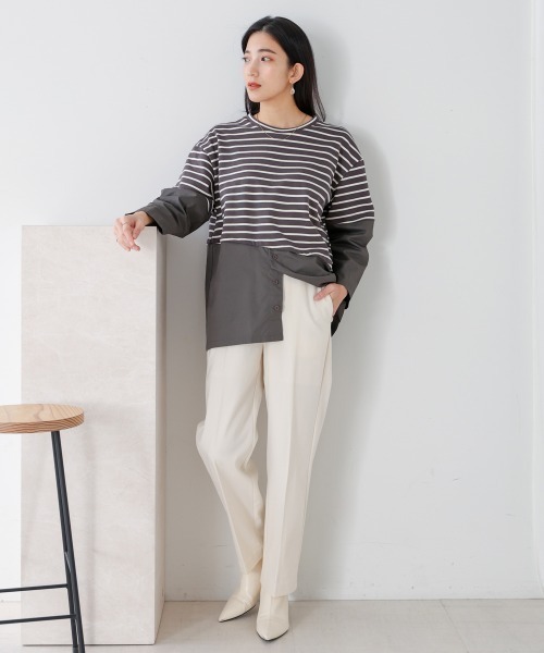 Bou Jeloud tシャツ ボーダー斜め切替ドッキングトップス