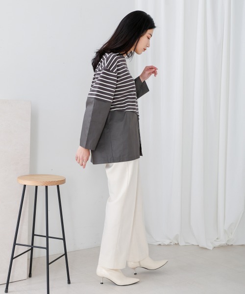 Bou Jeloud tシャツ ボーダー斜め切替ドッキングトップス