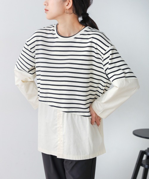 Bou Jeloud tシャツ ボーダー斜め切替ドッキングトップス