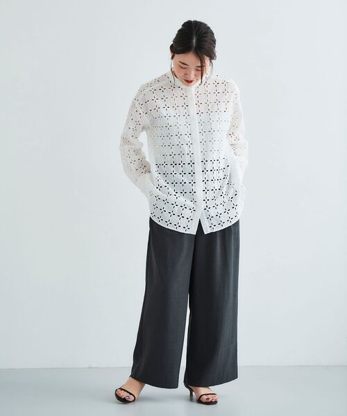 tricotホワイト 半袖 シャツ レース付き レースレディース Lace Ladies 立ち襟レース 半袖ブラウス
