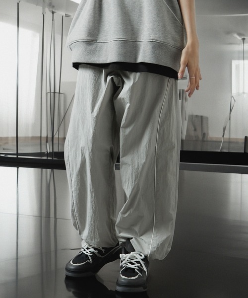 パンツ 「Alfred Alex」切替パイピング ハイウエスト ワイドナイロン