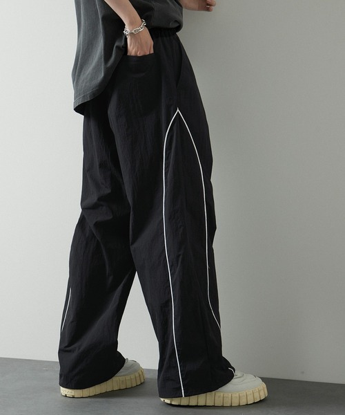 パンツ 「Alfred Alex」切替パイピング ハイウエスト ワイドナイロン