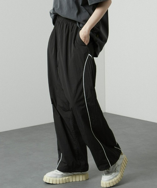 パンツ 「Alfred Alex」切替パイピング ハイウエスト ワイドナイロン