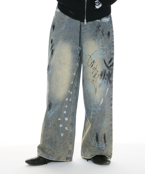 デニム・ジーパン HUECLOSET Brush Denim Pants 25KERO202 Theater code ジーンズ washed paint denim pants / ウォッシュ