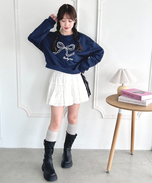ハート♡スウェット レース刺繍 リボン かわいいスウェット poppy Heart tulle sweatshirt (black) – POPPY