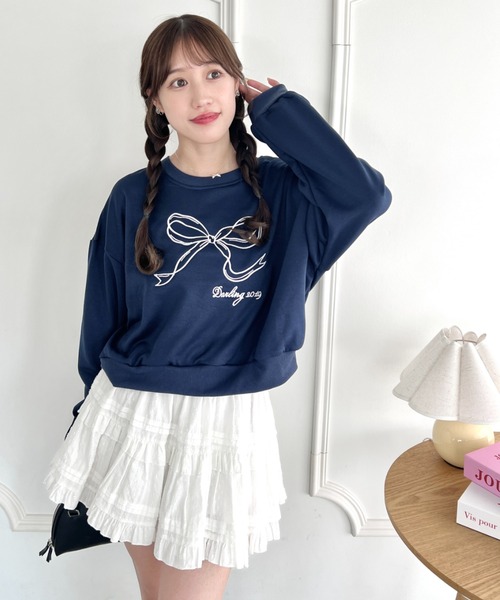 Loueme トレーナー スウェット リボン刺繍スウェットトップス