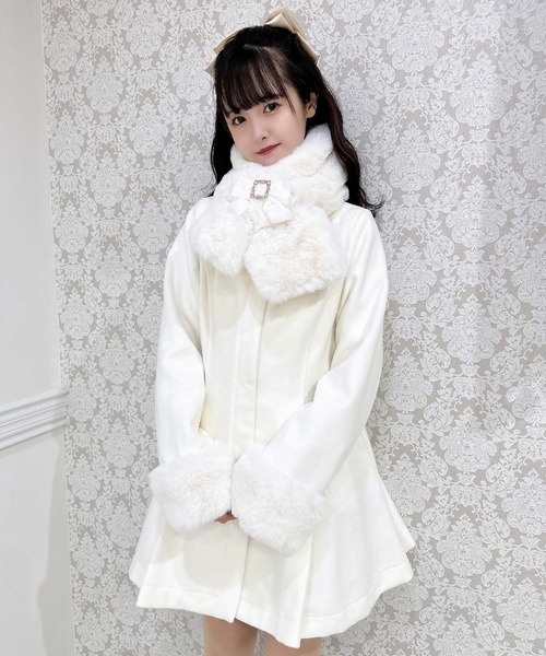 ROJITAライトブルー フリル付きファーコート ROJITA コート アウター ファーティぺット付きトリプルリボン