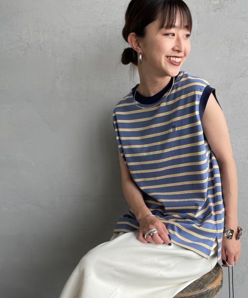 tシャツ 「UNIVERSAL OVERALL/ユニバーサルオーバーオール」 別注 ワンポイントロゴ刺繍 ノースリーブカットソー レディース