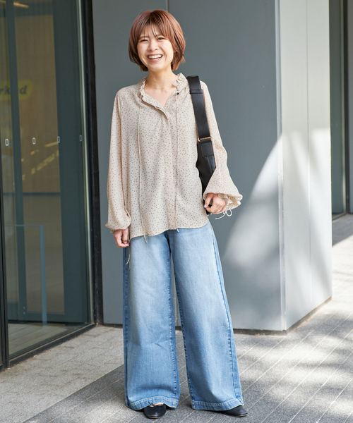 【お値下げ】Spick and Spanフリルリボンブラウス シャツ ベージュA スピック＆スパン Spick & Span 《追加》ハイブリットフリル