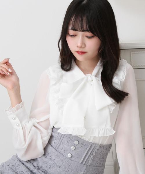 DearMyLove ブラウス シャツ フリルボウタイリボンシフォンブラウス