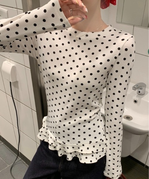 おしゃれスタ tシャツ 大人可愛いドット柄フリルデザイン長袖トップス 