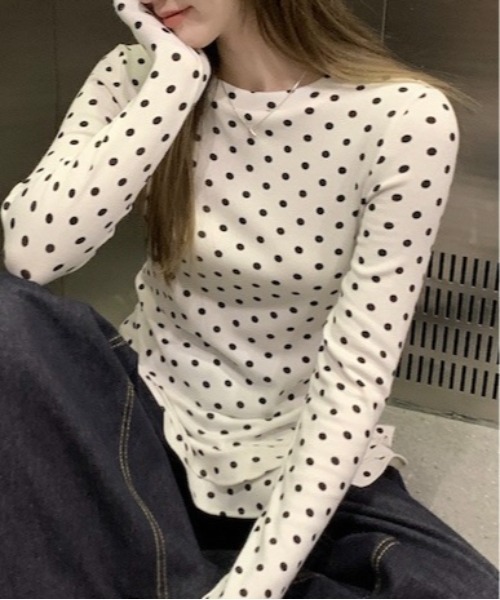 おしゃれスタ tシャツ 大人可愛いドット柄フリルデザイン長袖トップス