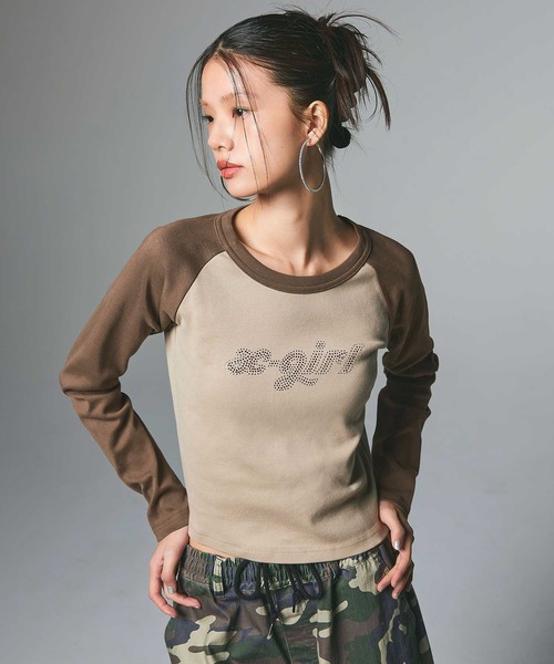 tシャツ BI COLOR RHINESTONE LOGO RAGLAN L/S BABY TEE レディース