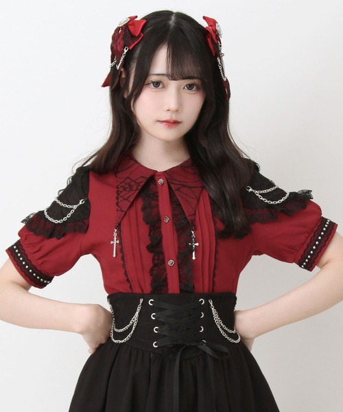 DearMyLove ブラウス シャツ 夏 半袖 十字架クモレース角襟ゴシック風