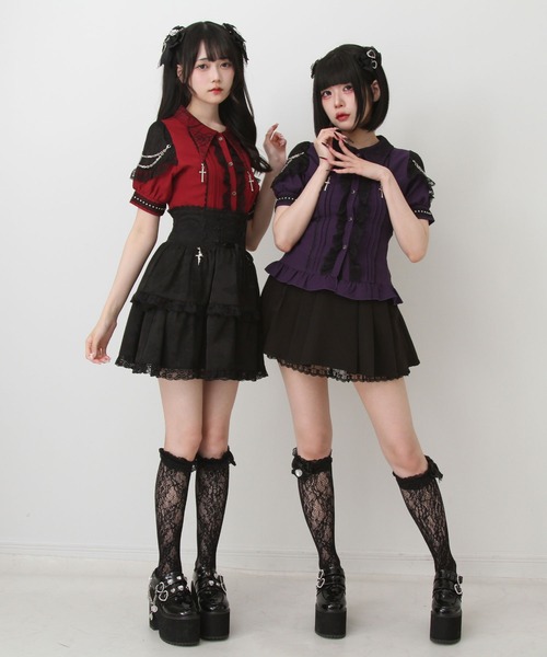 DearMyLove ブラウス シャツ 夏 半袖 十字架クモレース角襟ゴシック風