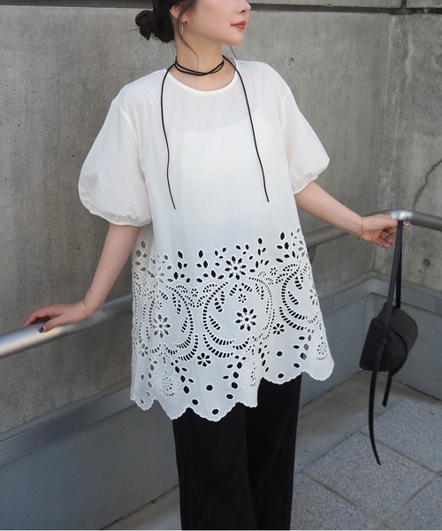ブラウス シャツ cotton eyelet embroidery blouse /コットンアイレット刺繍パフスリーブブラウス レディース
