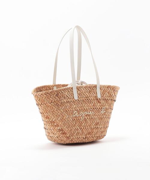美品【アニエスベー】カゴバッグ　ラフィア　ロゴ　レザー　白 美品【アニエスベー】カゴバッグ ラフィア ロゴ レザー 白