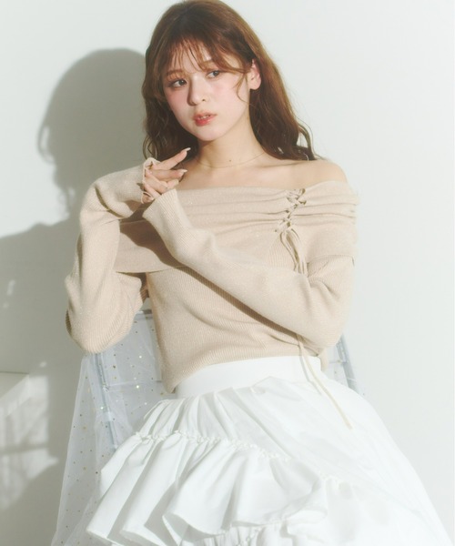 Olu.（オルドット） ニット セーター オフショルダーリボンラメニット