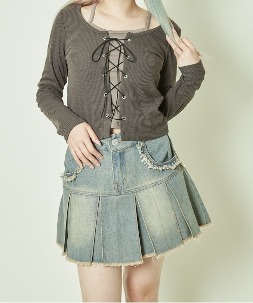 tシャツ 「フェイクレイヤード×レースアップ」レディース