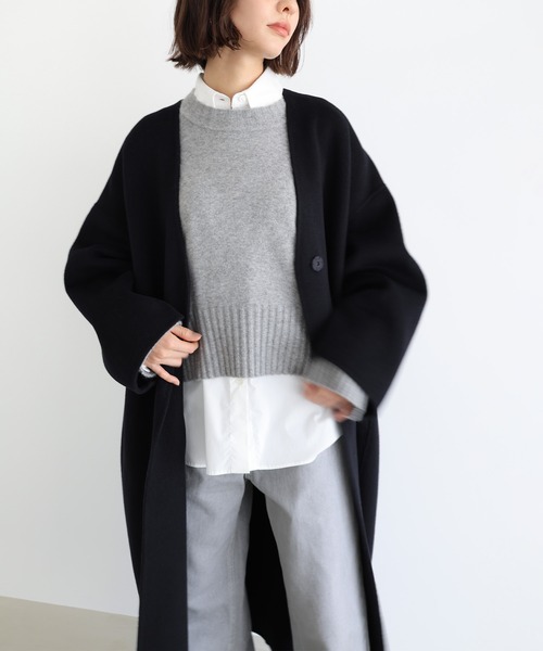 バーニーズニューヨーク ノーカラー ロングコート コクーン ウール ブルー M バーニーズニューヨーク ノーカラー ロングコート コクーン