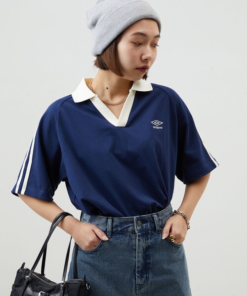 「PUBLUX」 「UMBRO」半袖カットソー フリ- ネイビー レディース_画像2