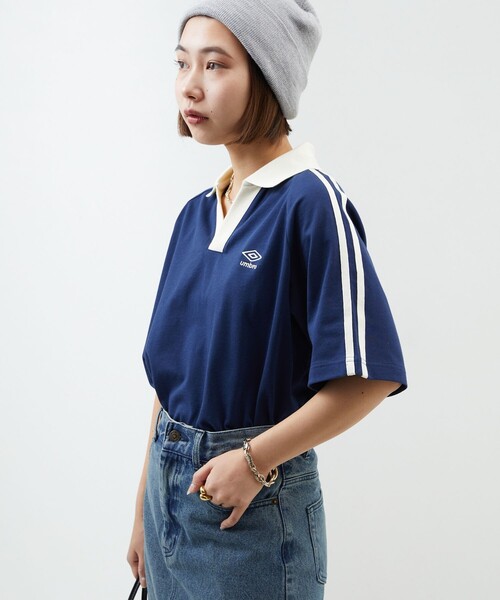 「PUBLUX」 「UMBRO」半袖カットソー フリ- ネイビー レディース_画像4