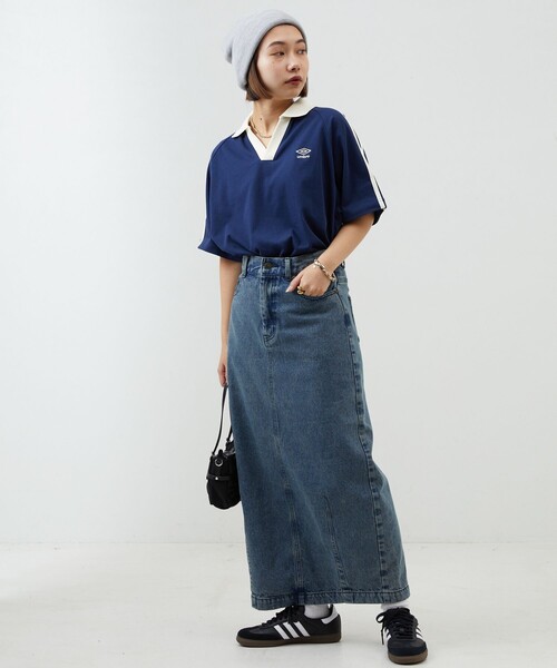 「PUBLUX」 「UMBRO」半袖カットソー フリ- ネイビー レディース_画像8