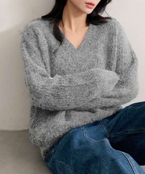 LOWO ニット セーター オーバーサイズ ニット 長袖 セーター Vネック