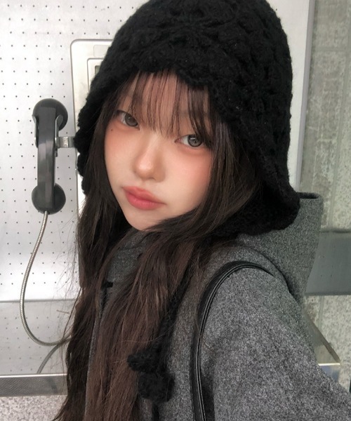 anyonemore ニット帽 ニットキャップ 花モチーフクロシェ編み