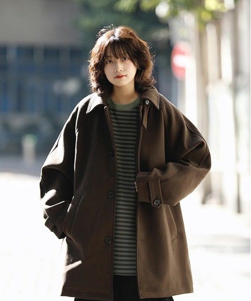 AsheKsha コート アウター ラペル付きゆったりボタンコート：シンプル