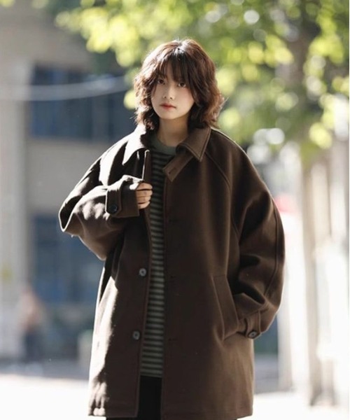 AsheKsha コート アウター ラペル付きゆったりボタンコート：シンプル