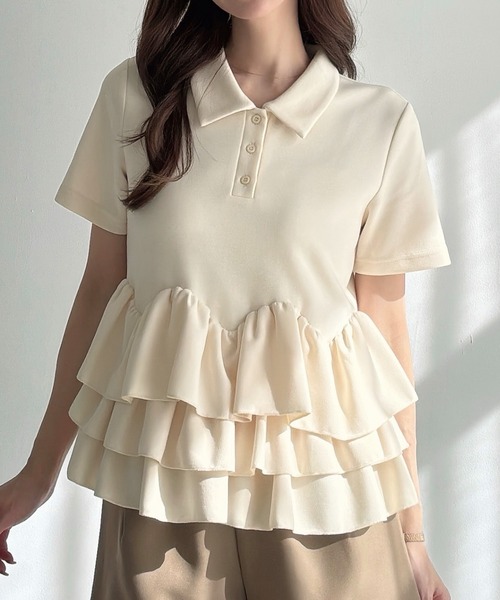Meiru tシャツ 半袖 デザインペプラム襟付き半袖トップス レディース 