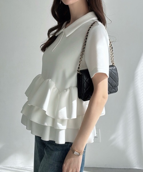 Meiru tシャツ 半袖 デザインペプラム襟付き半袖トップス レディース
