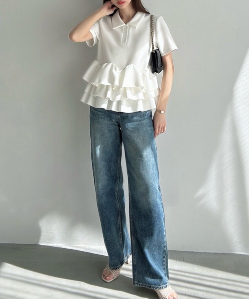 Meiru tシャツ 半袖 デザインペプラム襟付き半袖トップス レディース