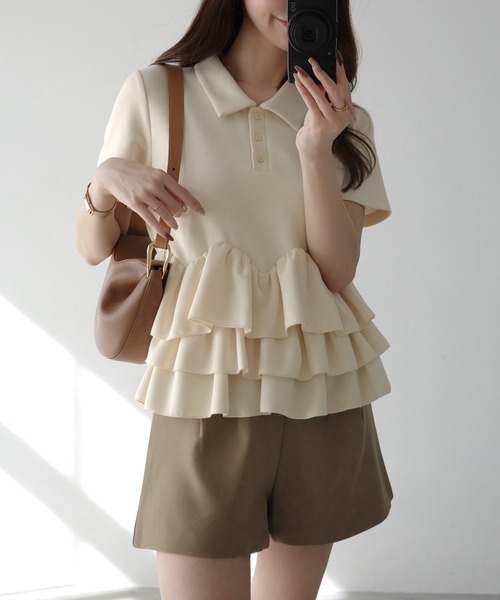 Meiru tシャツ 半袖 デザインペプラム襟付き半袖トップス レディース