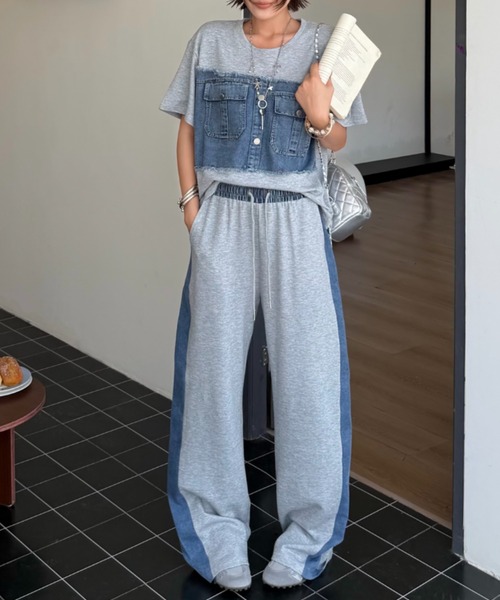 FAVORITO セットアップ デニム切り替えスウェットトップスパンツ
