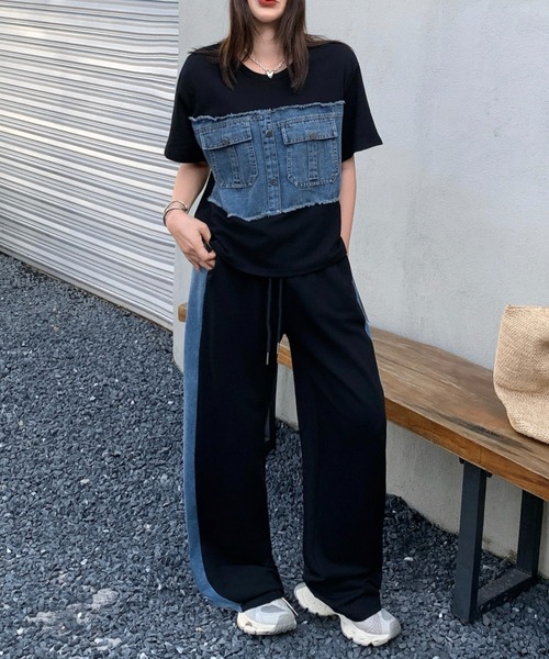 FAVORITO セットアップ デニム切り替えスウェットトップスパンツ