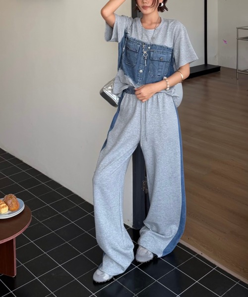 FAVORITO セットアップ デニム切り替えスウェットトップスパンツ