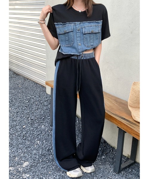 デニムセットアップ　トップス FAVORITO セットアップ デニム切り替えスウェットトップスパンツ
