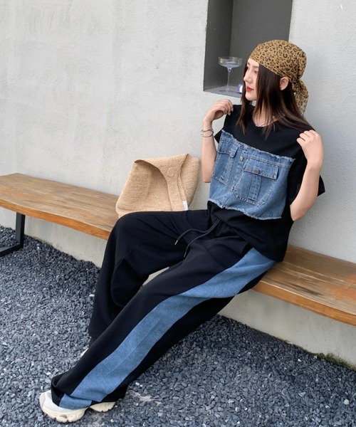 デニムセットアップ　トップス FAVORITO セットアップ デニム切り替えスウェットトップスパンツ
