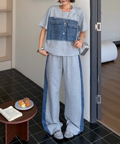 FAVORITO セットアップ デニム切り替えスウェットトップスパンツ