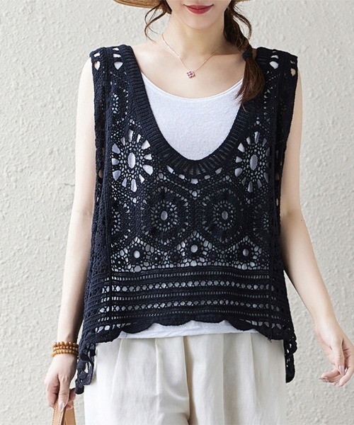 ベスト ジレ 透かし編みニットベスト レディース : ZOZOTOWN Yahoo!店