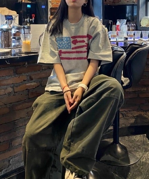 SHERU tシャツ 半袖 ヴィンテージ擦れ星条旗プリント ルーズオーバー
