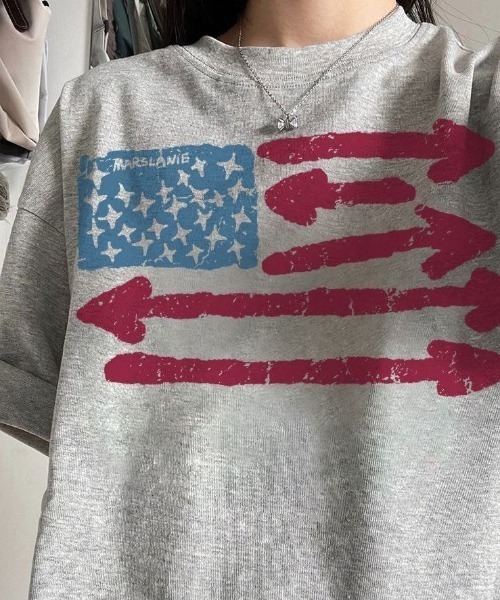 SHERU tシャツ 半袖 ヴィンテージ擦れ星条旗プリント ルーズオーバー