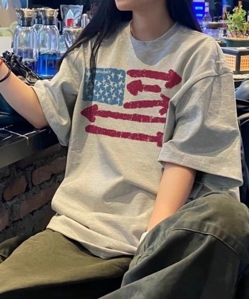 SHERU tシャツ 半袖 ヴィンテージ擦れ星条旗プリント ルーズオーバー