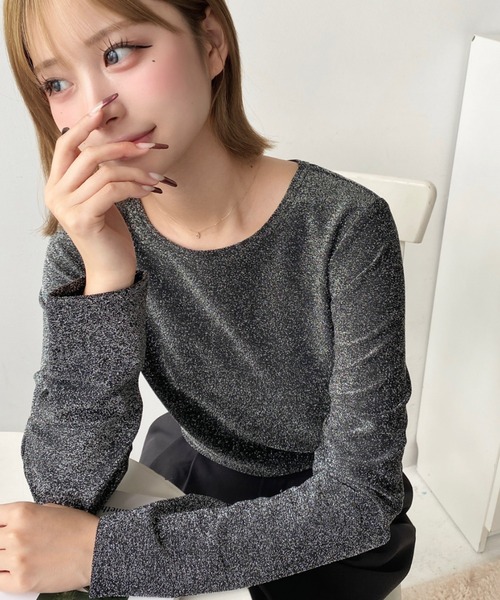 moment+ tシャツ ラメニットソー長袖プルオーバー レディース