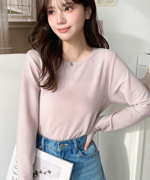 moment+ tシャツ ラメニットソー長袖プルオーバー レディース
