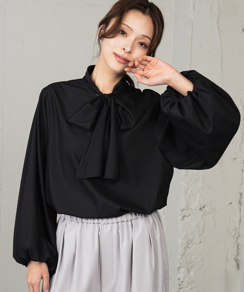 Flolia ブラウス シャツ ボウタイボリューム袖ブラウス オフィス