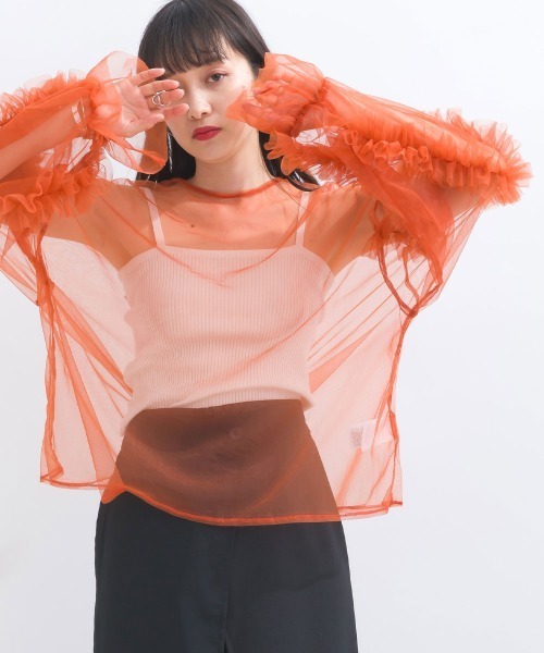 terrace tシャツ フリルキャンディースリーブシアープルオーバー 