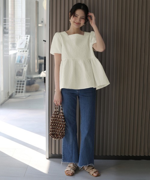 ブラウス シャツ スクエアネックレースペプラムブラウス レディース Lace Ladies スクエアネックペプラムタックブラウス 女性